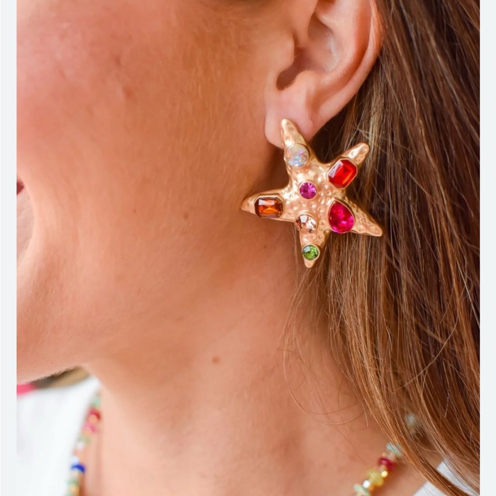 Elegant Gold Starfish Earrings with Multicolor Gems
